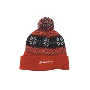 VTG Budweiser Red Fair Isle Snowflake Knit Beanie Pom Pom Cuffed Winter Hat Mens